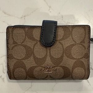 Coach Brown Signature Canvas Wallet with dark gray Snap Tab